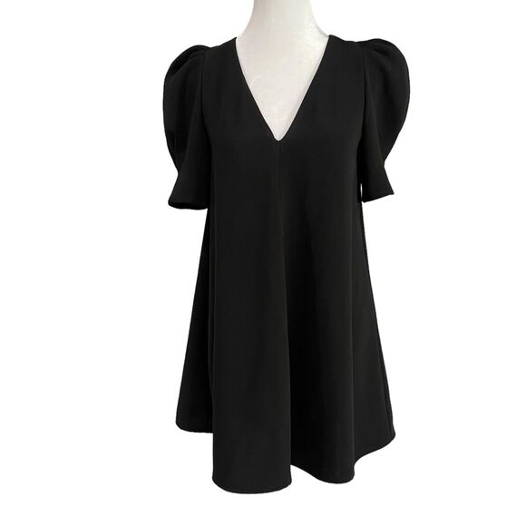 Zara Women Black Short Puff Sleeves Short Mini Dress Flowy V Neck XS - Picture 4 of 14